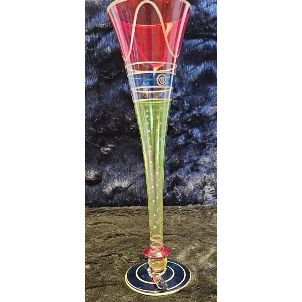 Vintage Pier 1 5-Glass Champagne Flutes Hand Painted & Blown 3-rings 8Pc. 11.5